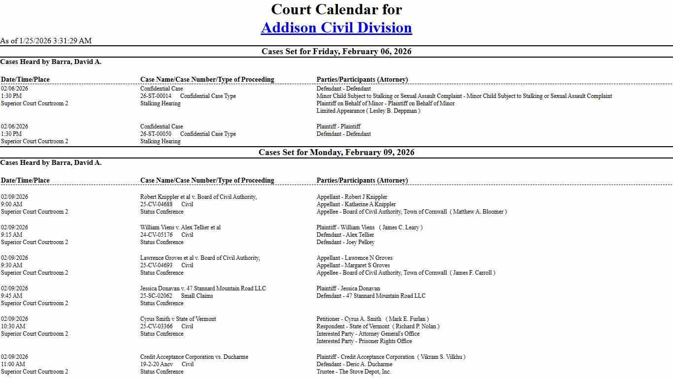 Addison Civil Division Calendar