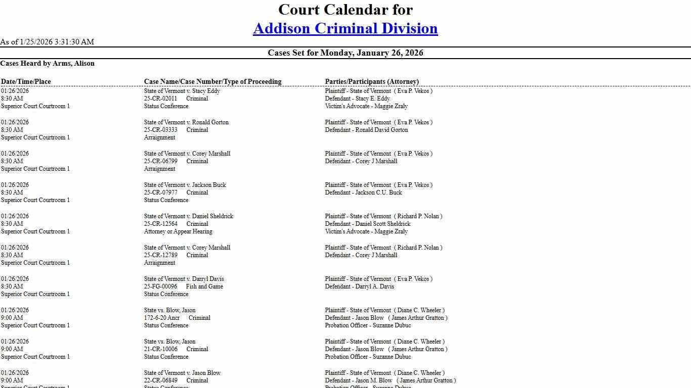 Addison Criminal Division Calendar